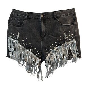 Y2K Womens 2XL (XL) Black Fringed Denim Shorts Cowgirl Glamcore Festival Concert